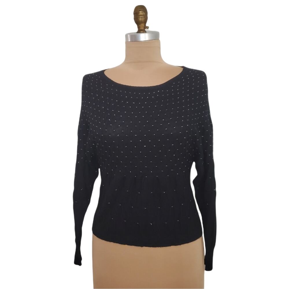 NWT Tsesay Doleman Sleeve Black Wool Sweater White Thread Accent Large